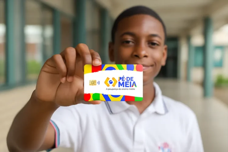 Estudante do ensino médio segurando o cartão do Programa Pé-de-Meia, representando o incentivo financeiro para a educação.