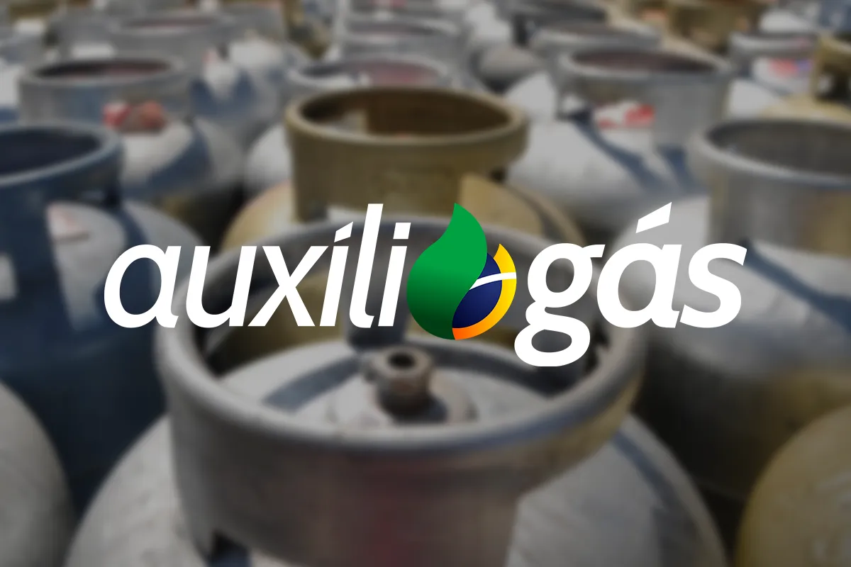 Auxílio Gás: Critérios e Elegibilidade Logotipo do Auxílio Gás sobre botijões de gás, ilustrando os critérios de elegibilidade para o benefício em outubro.