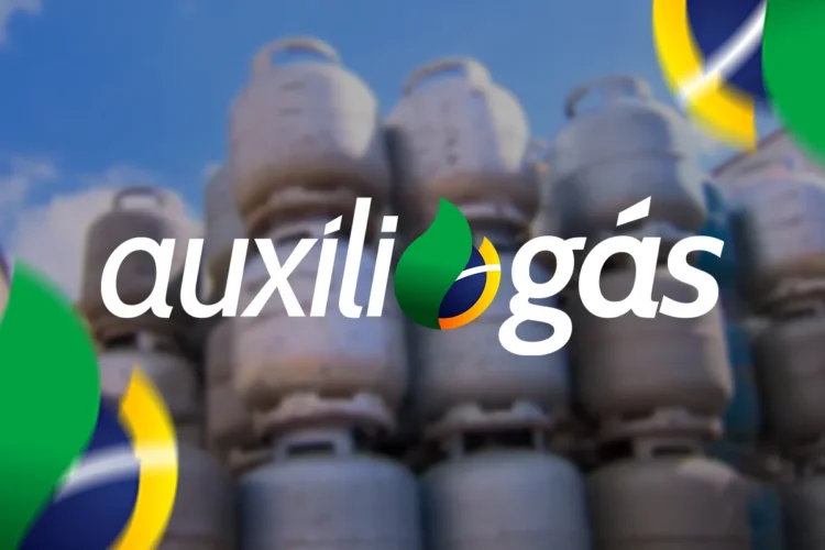 Logo do Auxílio Gás em destaque sobre botijões de gás de cozinha, ilustrando o benefício social e o calendário de pagamentos de outubro.