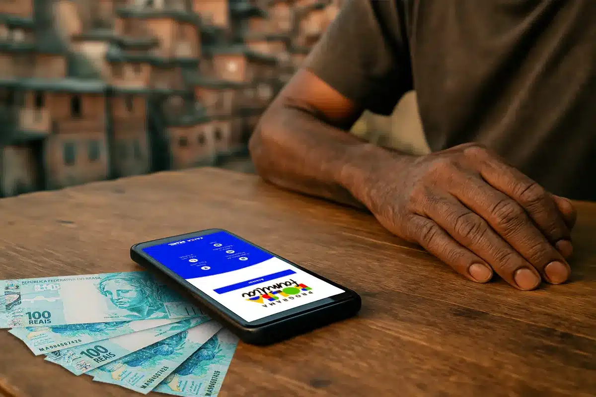 Como Consultar e Sacar o Bolsa Família de Outubro pelo Aplicativo Caixa Tem Mão de beneficiário ao lado de celular exibindo o aplicativo Caixa Tem e cédulas de R$ 100,00, ilustrando o saque e consulta do Bolsa Família.