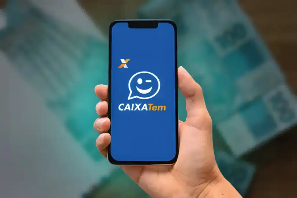 CAIXA Tem - Aplicativo. Pessoa segurando smartphone com o logo do CAIXA Tem na tela, com notas de dinheiro ao fundo.