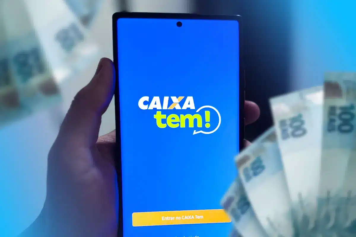 Aplicativo CAIXA Tem: Plataforma de Consulta e Movimentação do Bolsa Família de Outubro Imagem de um celular exibindo a tela inicial do aplicativo CAIXA Tem, com notas de R$ 100 flutuando ao fundo, simbolizando a consulta e o recebimento dos valores do Bolsa Família.