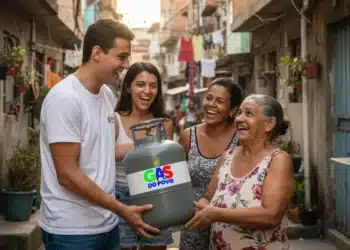 Família de baixa renda, incluindo uma mulher idosa, alegremente recebendo um botijão de gás de cozinha do programa Gás do Povo. A imagem ilustra o impacto social do benefício para as famílias cadastradas no CadÚnico e prioritárias do Bolsa Família.