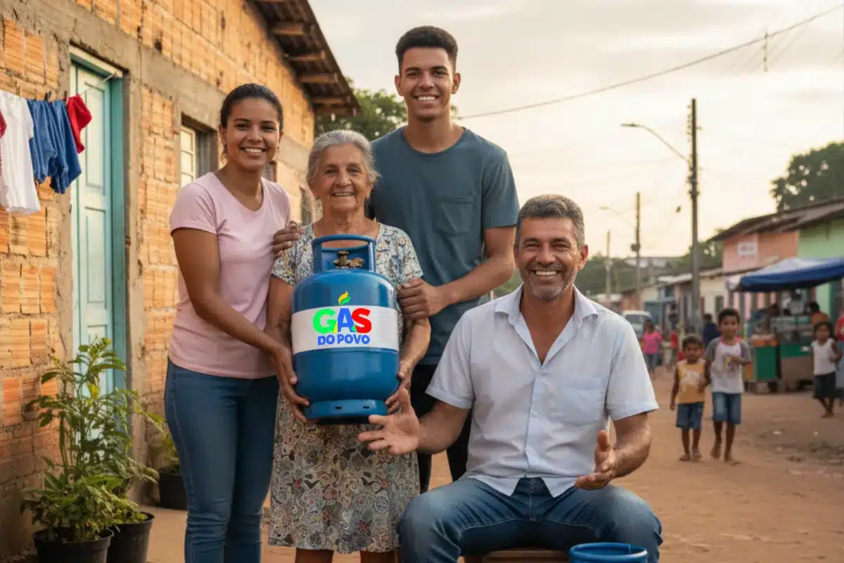 Família feliz com botijão de gás do povo Família sorridente segurando botijão de gás com logo Gas do Povo em área residencial simples