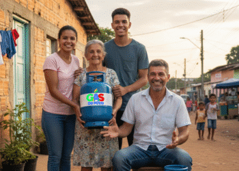Família beneficiária do programa Gás do Povo, recebendo botijão de gás em comunidade de baixa renda.
