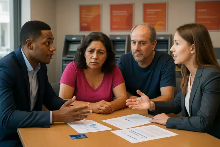 Mutirão dos bancos para renegociar dívidas começa em 1º de novembro 1 Consultores financeiros explicando documentos a casal preocupado