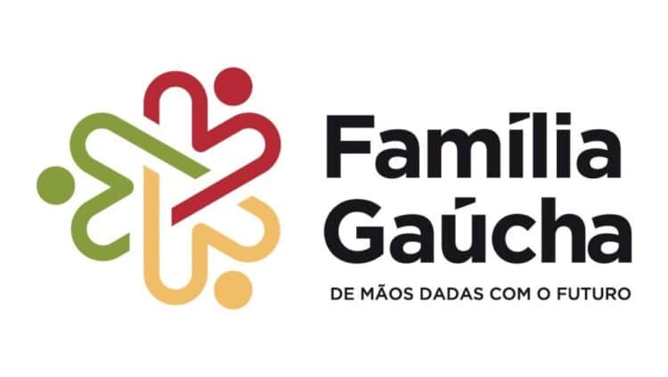 Logo do programa 'Família Gaúcha', com o slogan 'De mãos dadas com o futuro', representando o auxílio para famílias vulneráveis no Rio Grande do Sul.