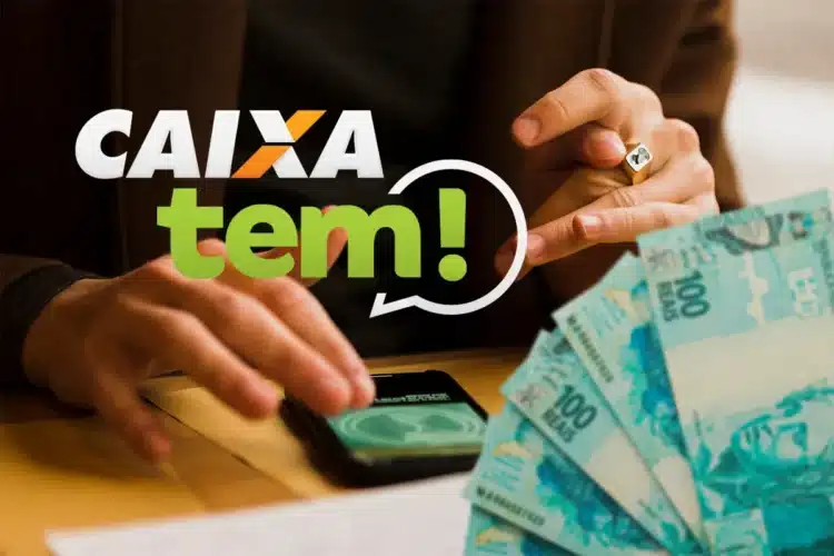 Mãos sobre celular com logo da Caixa e a frase "Caixa Tem!", ao lado de notas de 100 reais, ilustrando o Pix premiado.