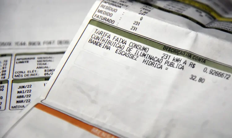 Detalhes da conta de luz com informações sobre consumo, tarifa, contribuição e bandeira escassez hídrica