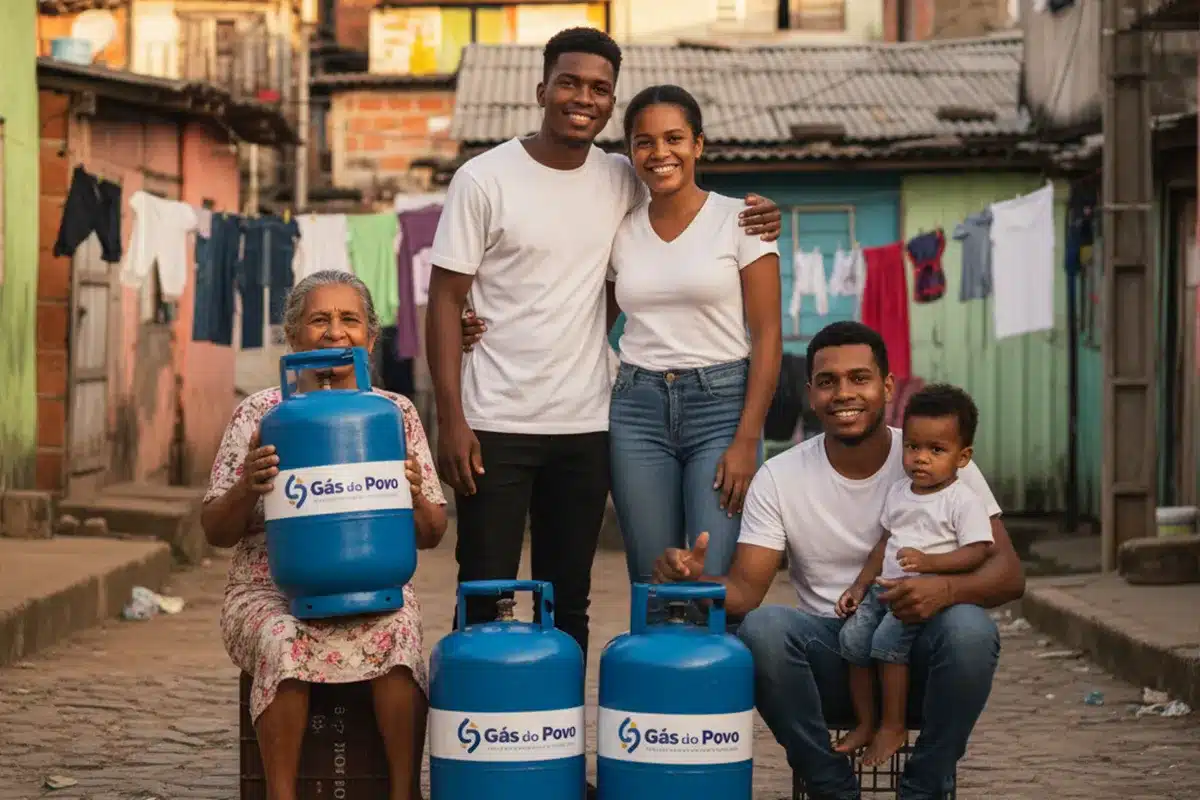 Família segurando botijões de gás do programa Gás do Povo Grupo familiar sorridente com botijões azuis do Gás do Povo em rua de comunidade