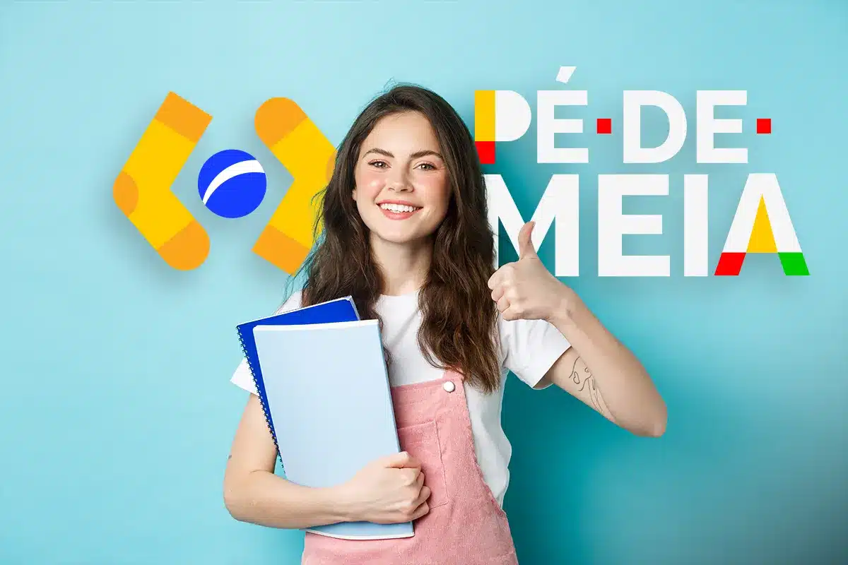 Pé-de-Meia: Conheça os critérios para receber o incentivo de R$ 1.000 Jovem estudante feliz com cadernos e polegar para cima, ao lado do logo "Pé-de-Meia", ilustrando critérios do programa.