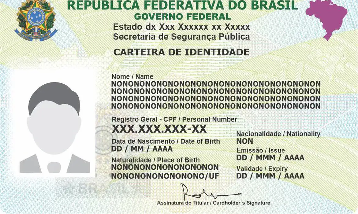 Exemplo de Carteira de Identidade Brasileira Imagem de uma carteira de identidade brasileira com dados fictícios e espaço para foto e assinatura