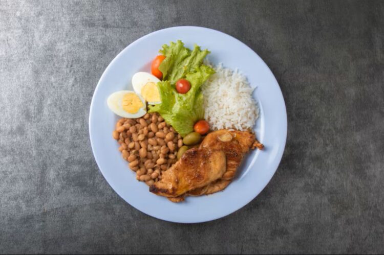 Prato de comida balanceado com frango, arroz, feijão, ovos e salada, representando o benefício do Cartão Alimentação de R$ 300.