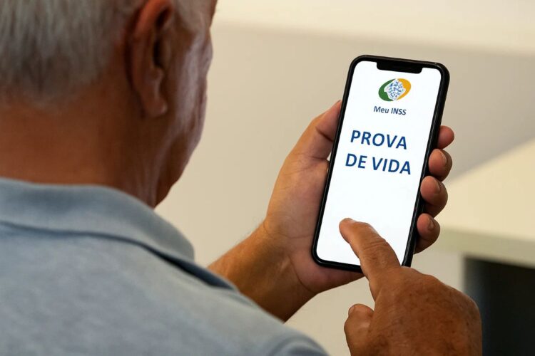 Homem idoso usando smartphone com o aplicativo "Meu INSS" exibindo "PROVA DE VIDA".
