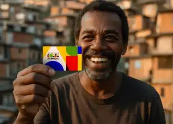 Homem negro sorridente segurando cartão colorido do Programa Bolsa Família com fundo desfocado de casas