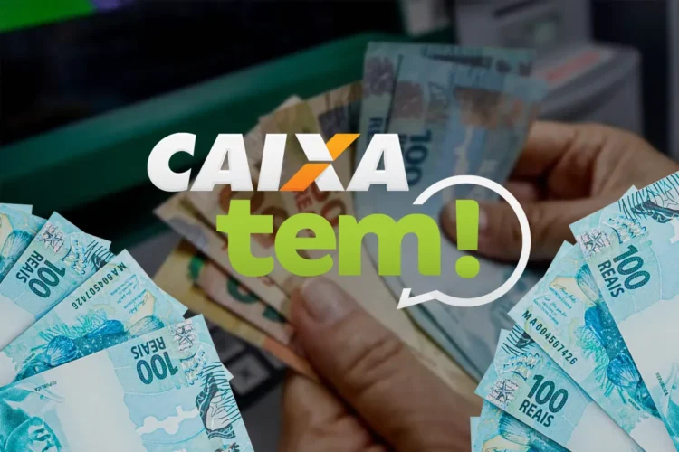 Mãos segurando cédulas de real e logo do Caixa Tem ao centro, com várias notas de 100 reais ao redor