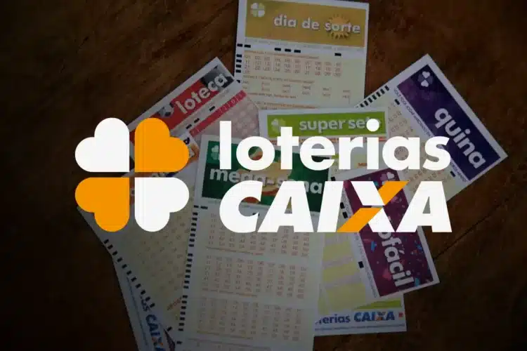 Volantes de apostas das Loterias Caixa organizados sobre mesa de madeira.
