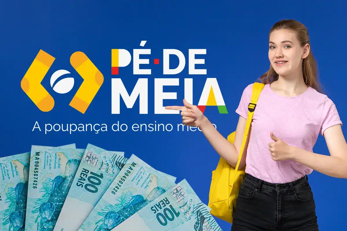 funcionamento poupanca estudantil pe de meia Estudante de camiseta rosa e mochila amarela aponta para o logo oficial do Pé-de-Meia. A imagem possui fundo azul, destaque para cédulas de 100 reais e o slogan do programa.