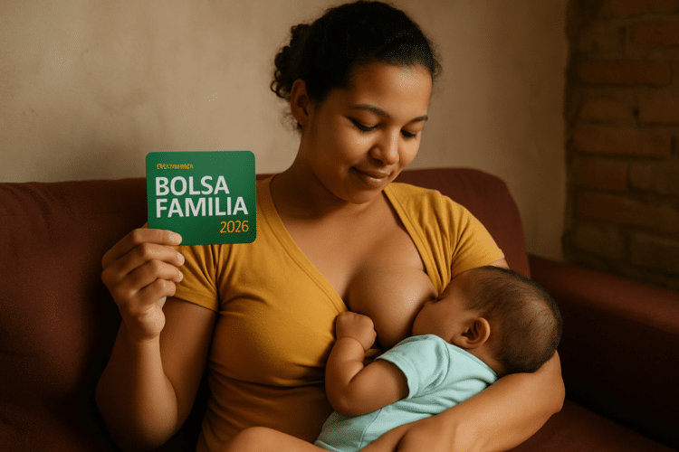 Mulher amamentando bebê enquanto segura cartão do Bolsa Família 2026