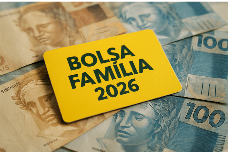 Cartão amarelo escrito Bolsa Família 2026 sobre notas de dinheiro brasileiro