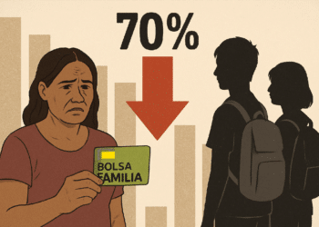 Mulher triste segurando cartão do Bolsa Família com gráfico em declínio de 70% ao fundo