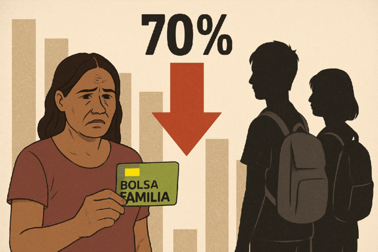 Mulher triste segurando cartão do Bolsa Família com gráfico em declínio de 70% ao fundo