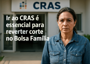 Mulher com expressão preocupada em frente ao prédio do CRAS, com texto sobre reverter corte no Bolsa Família