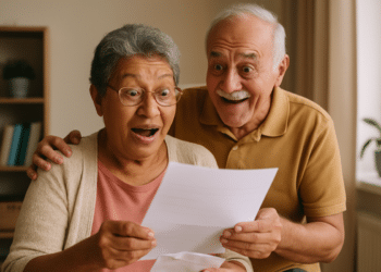 Casal de idosos lendo um documento com expressão de surpresa e alegria.