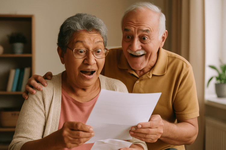 Casal de idosos lendo um documento com expressão de surpresa e alegria.