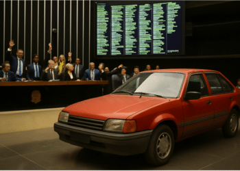 Carro vermelho antigo estacionado em frente a parlamentares votando em plenário