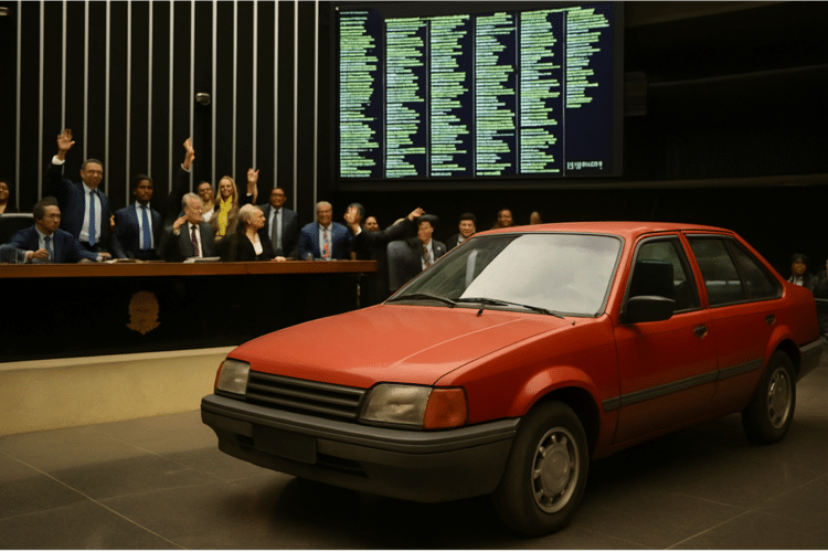 Carro vermelho antigo estacionado em frente a parlamentares votando em plenário