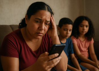 Mulher preocupada olhando para o celular com duas crianças ao fundo