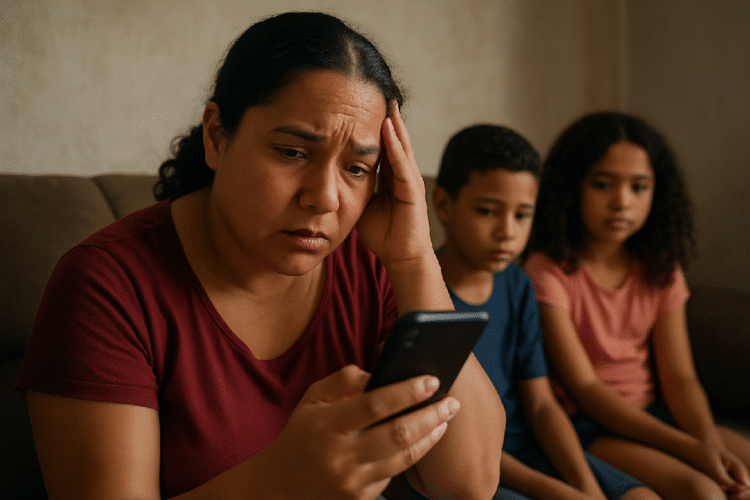 Mulher preocupada olhando para o celular com duas crianças ao fundo