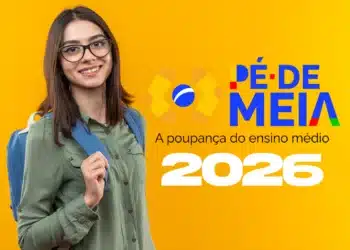 Estudante do ensino médio com mochila em destaque ao lado do logo do programa Pé-de-Meia 2026.