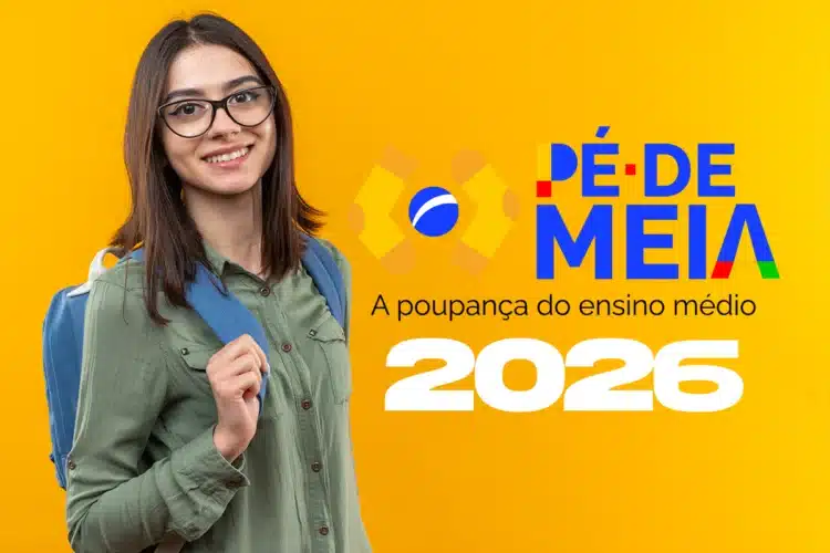 Estudante do ensino médio com mochila em destaque ao lado do logo do programa Pé-de-Meia 2026.