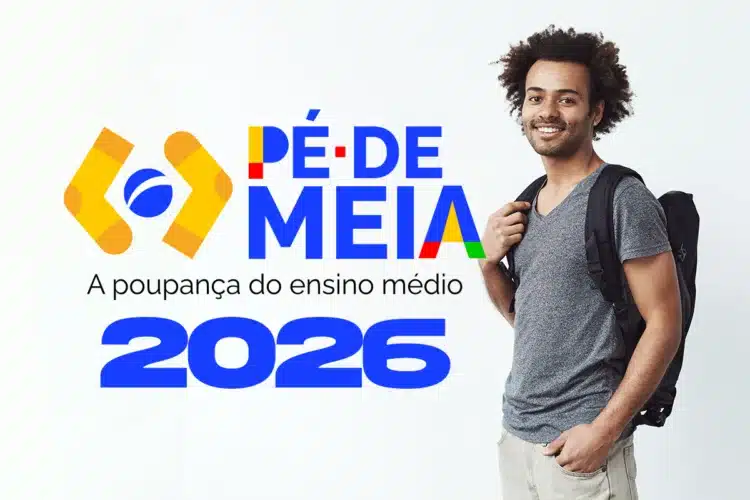 Pé de Meia 2026: Abandono escolar cancela benefício definitivamente 1 Jovem sorridente com mochila preta ao lado do logo colorido do programa Pé de Meia 2026 para ensino médio.