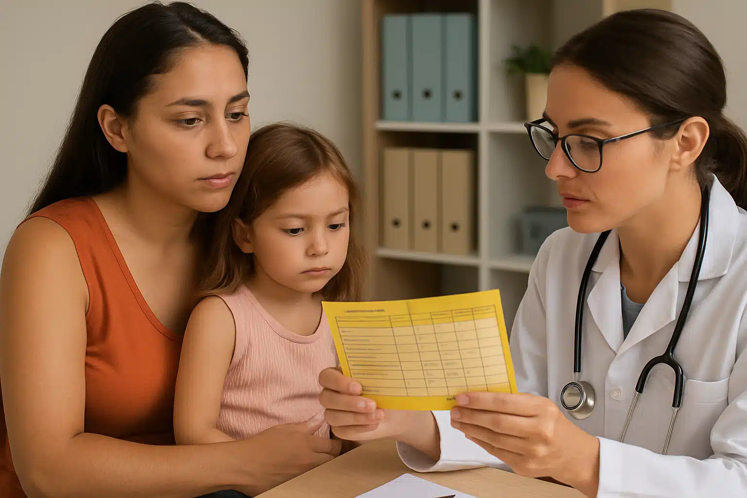 Vacinação infantil obrigatótia. Consulta médica infantil: profissional da saúde verifica cartão de vacinação de criança acompanhada pela mãe.