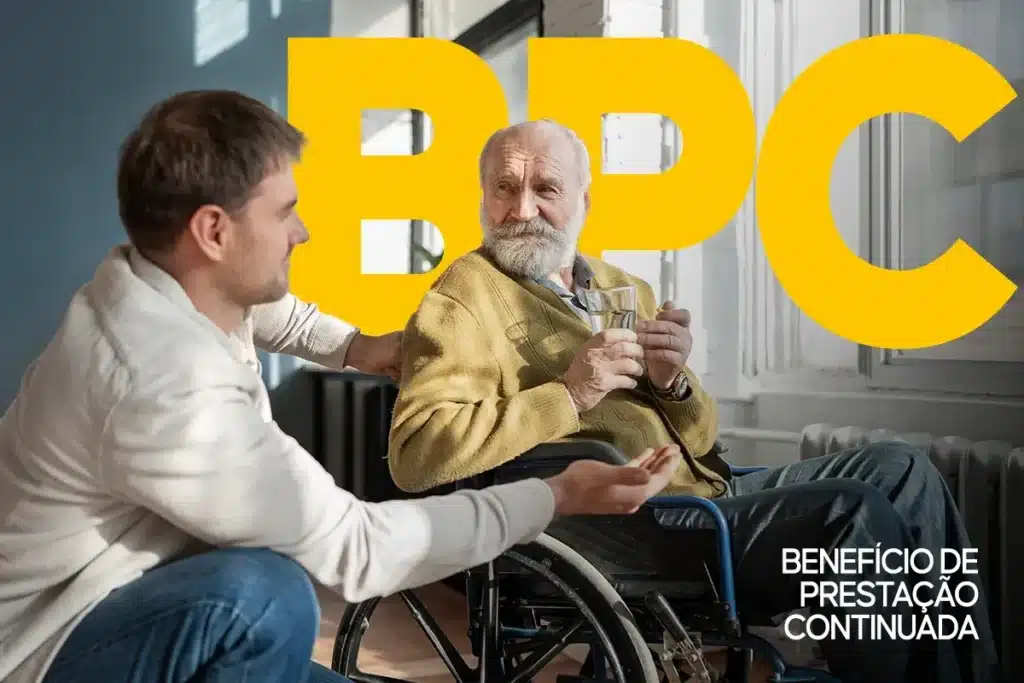 Ajuda para inscrição unipessoal no BPC Homem idoso em cadeira de rodas, recebendo ajuda de um jovem, com a imagem de fundo destacando o logo do BPC em amarelo.