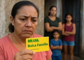 Mulher segurando cartão do Bolsa Família com expressão preocupada