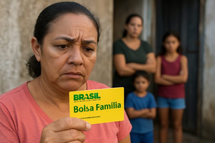 Mulher segurando cartão do Bolsa Família com expressão preocupada