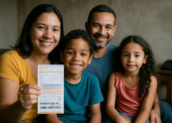 Família sorridente segurando uma conta de luz