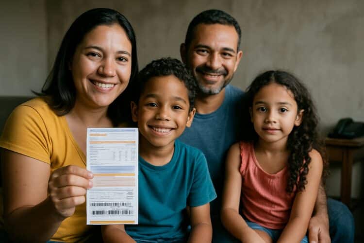 Família sorridente segurando uma conta de luz