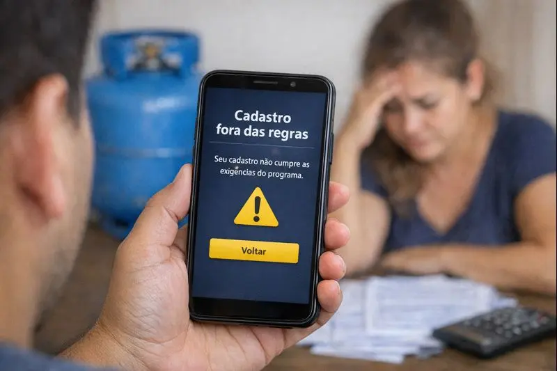 Cadastro fora das regras - Gás para o Povo 2026. Pessoa olhando para a tela de um celular com mensagem de erro sobre cadastro fora das regras para o programa Gás para o Povo.