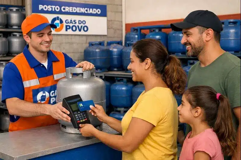 Compra de gás do povo com pagamento eletrônico. Família recebendo gás do povo, realizando pagamento com cartão de crédito.