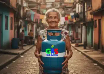 Mulher sorrindo segurando botijão de gás, em uma rua com casas simples, no contexto de uma comunidade.
