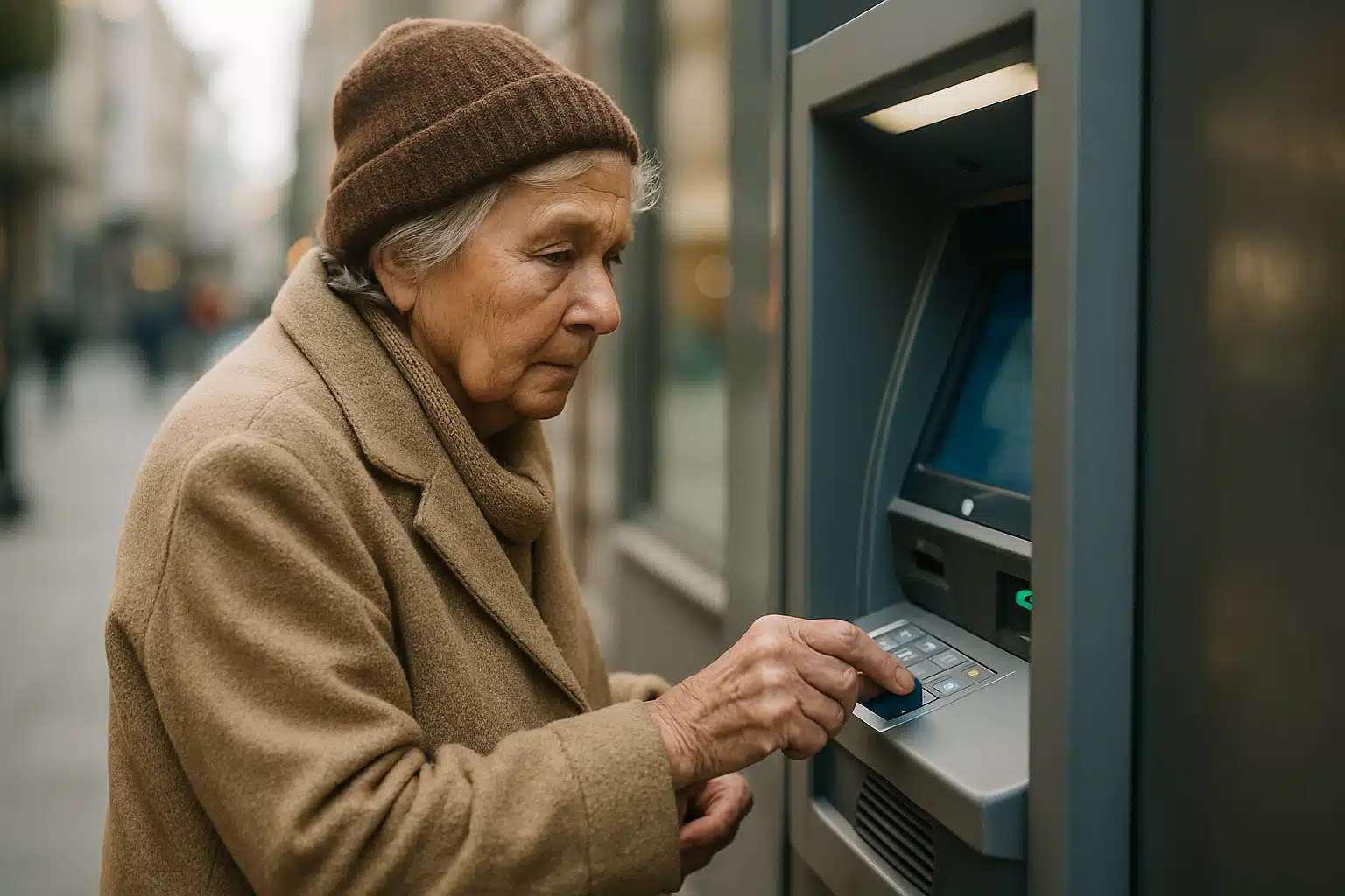 Idosa utilizando caixa eletrônico. Idosa de casaco e gorro amarelo operando caixa eletrônico moderno em via urbana.