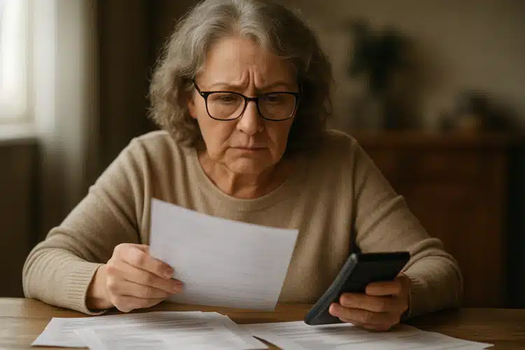 INSS pode bloquear benefício de quem não regularizar ressarcimento até março 1 Senhora de óculos, olhando preocupada para documentos e usando um celular.
