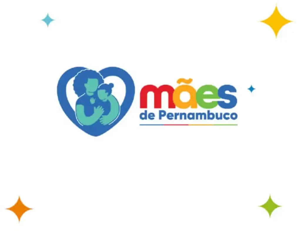 Programa Mães de Pernambuco. Logotipo do programa Mães de Pernambuco, ilustrando uma mãe e filha dentro de um coração colorido.