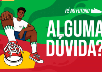 Ilustração do programa Pé no Futuro, com um jovem usando tênis, representando a iniciativa de auxílio financeiro para estudantes de escolas estaduais.