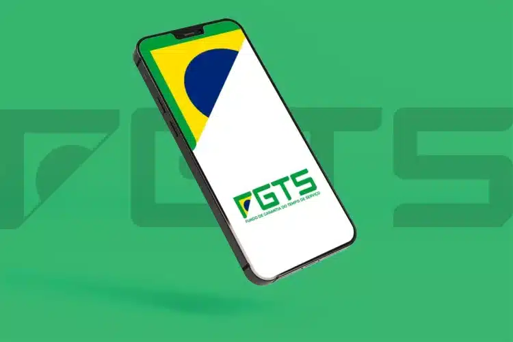 Aplicativo do FGTS no celular com fundo verde e logo do Fundo de Garantia do Tempo de Serviço.
